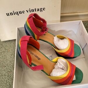 Unique Vintage Rainbow Suede Peep Toe Pumps